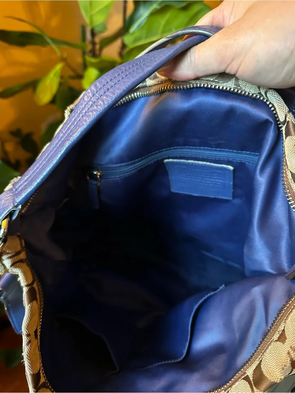 Authentic Coach Signature Canvas Hobo Bag in Brown with Blue Trim